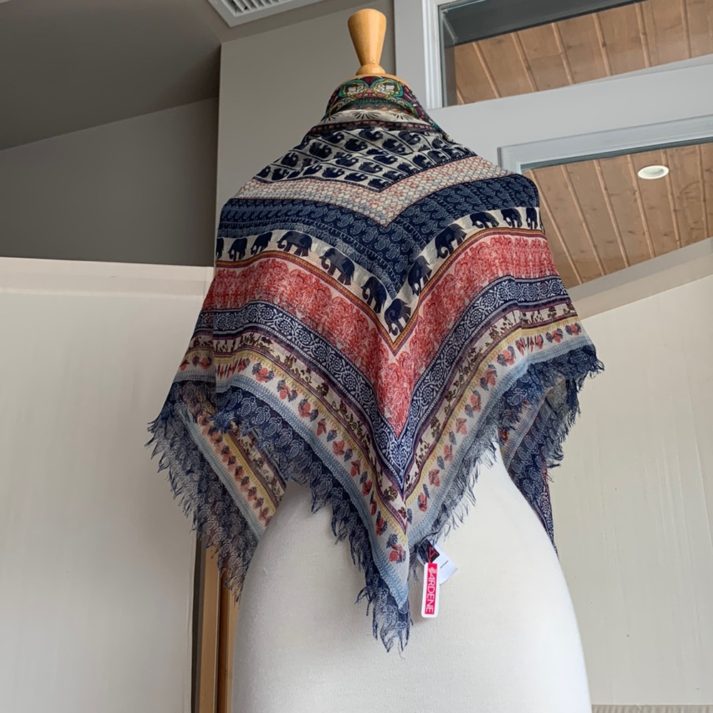Blue/white/red polyester scarf with elephant prints, new, made by Ardene